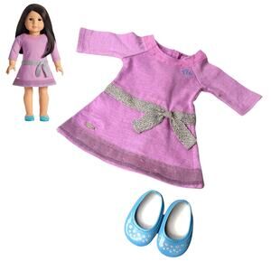 American Girl Doll Lilac Dress & Shoes Purple Meet Outfit Blue Silver Slip Ons